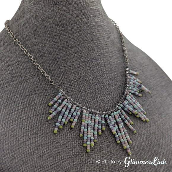 Bohemian Multicolor Pastel Seed Bead Fringe Bib Silver Tone Necklace - Picture 2 of 8